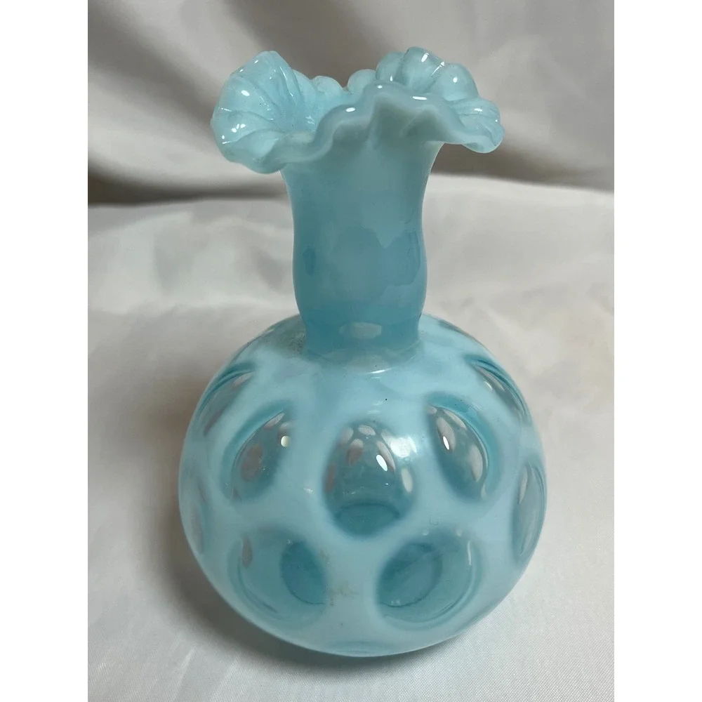 Vintage Blue Opalescent Glass Thumbprint Ruffled Rim Bud Vase Coin Dot 4.5 inch
